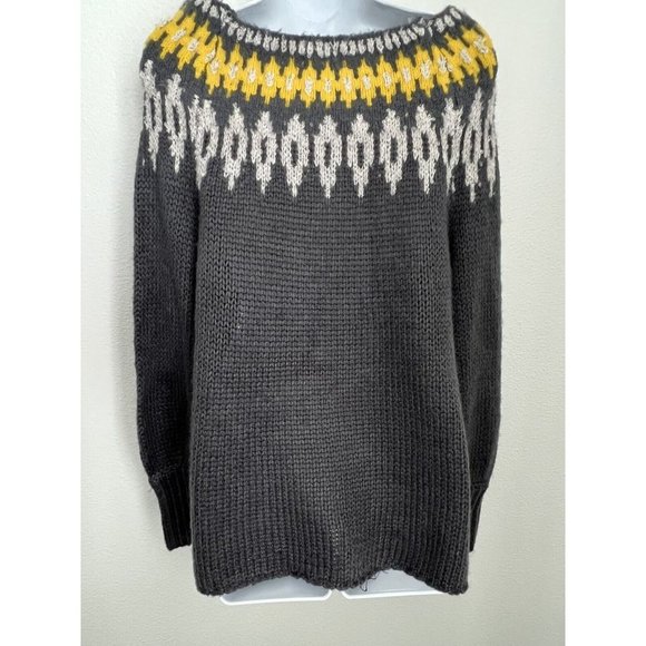 Umgee Sweater Womens Gray Nordic Fair Isle Chunky Knit Pullover Balloon Sleeve - Picture 3 of 6